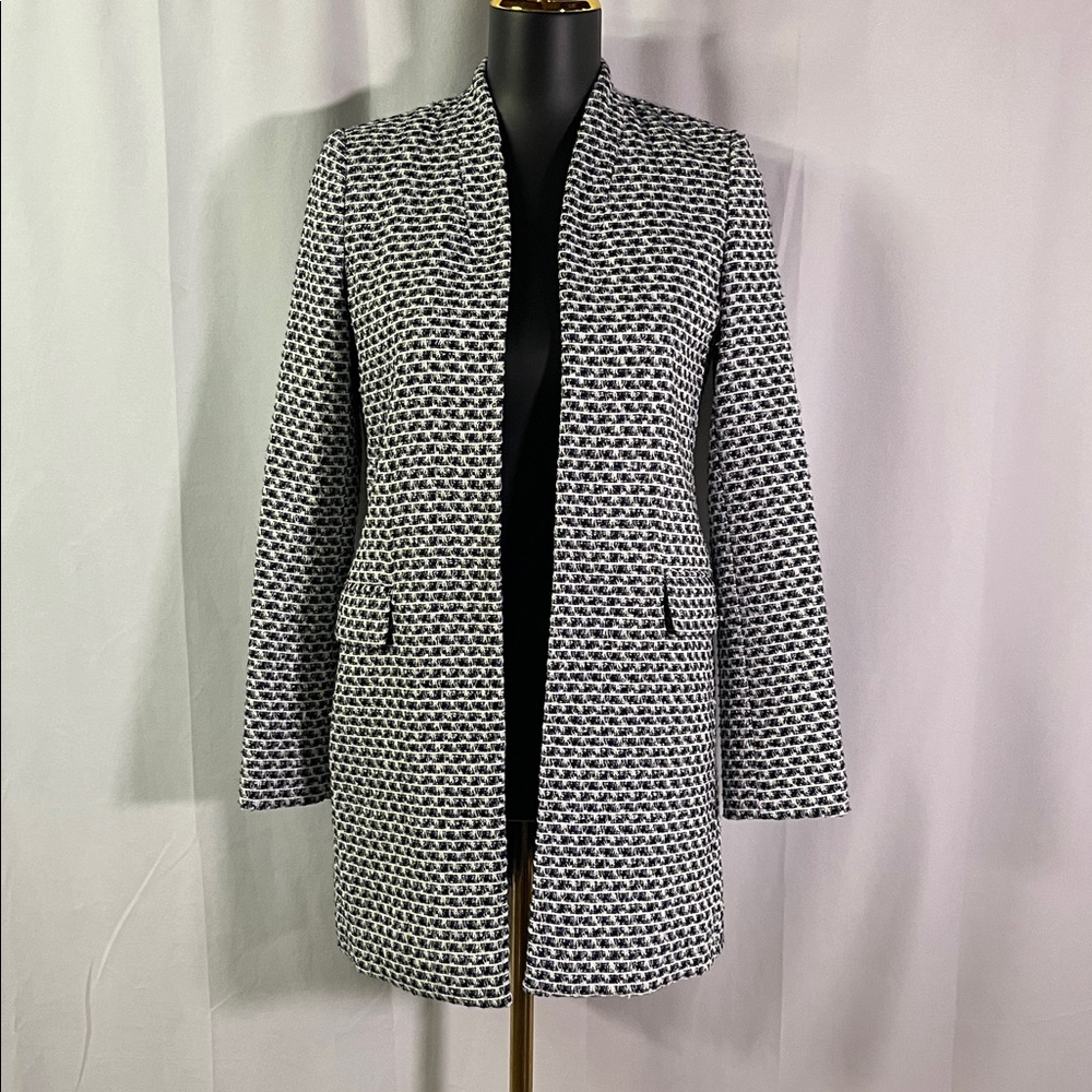 Calvin Klein Blue White & Black Metallic Tweed Open Front Topper Jacket